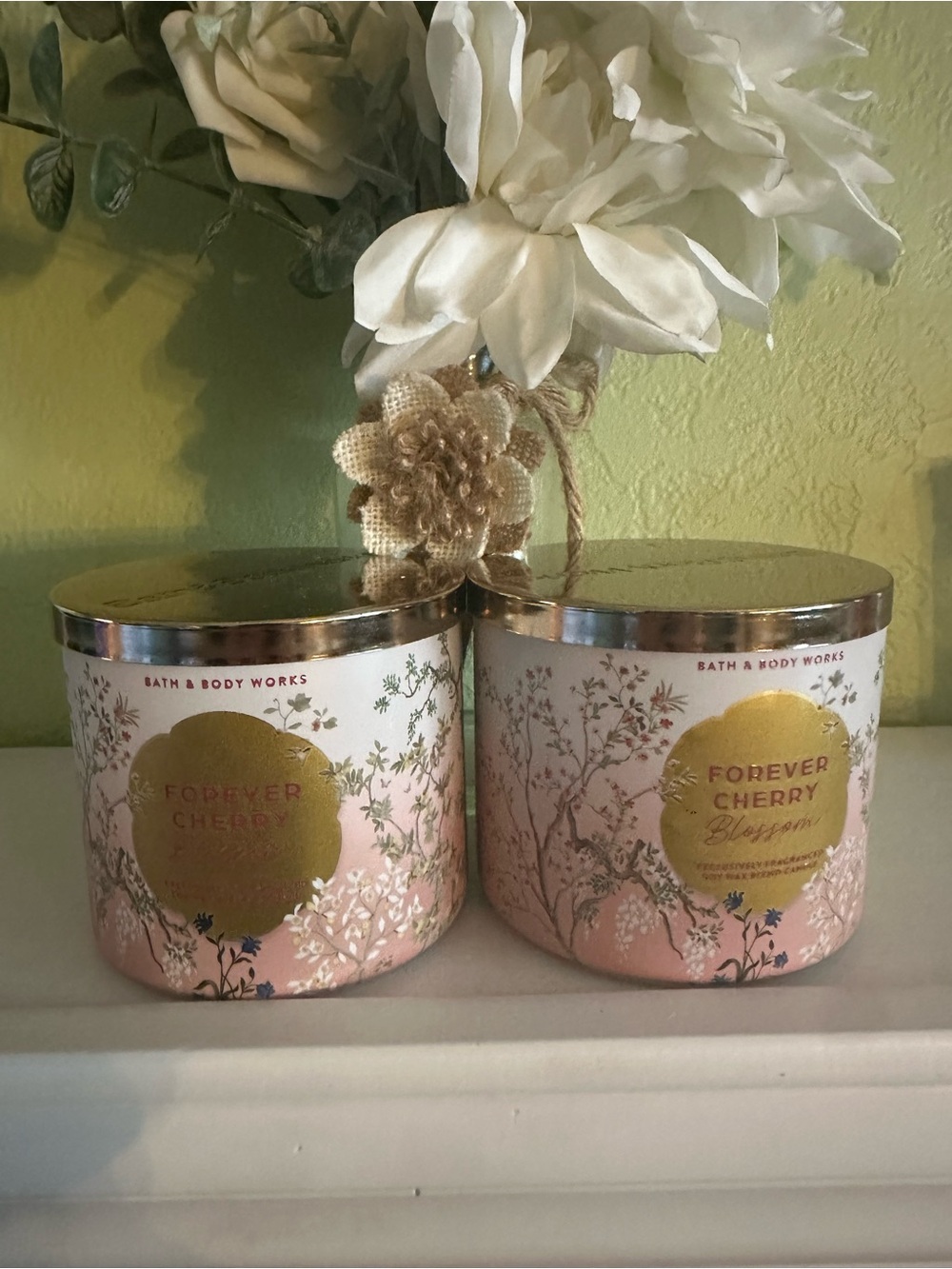 Bath & Body Works Pink & Gold Forever Cherry Blossom 3-Wick Candles (Pair)